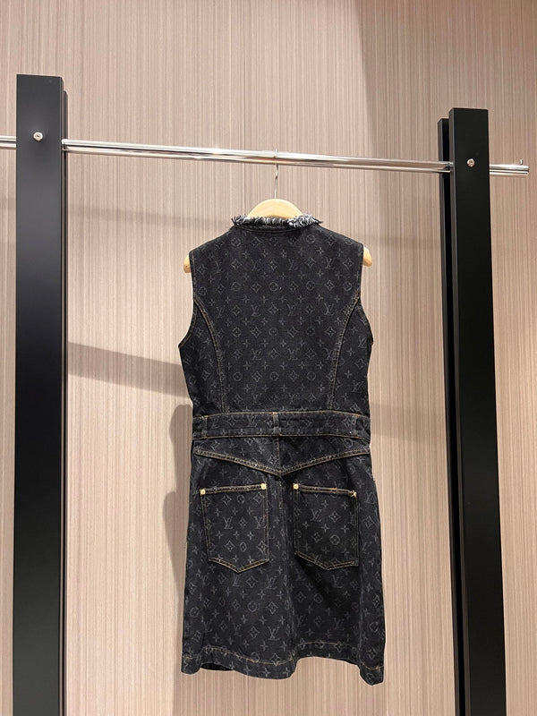 LV Denim Fabric Double Head Zipper Dress Black Blue Cotton