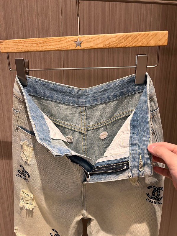 CC Double C Printed Ripped Jeans Retro Light Blue Cotton