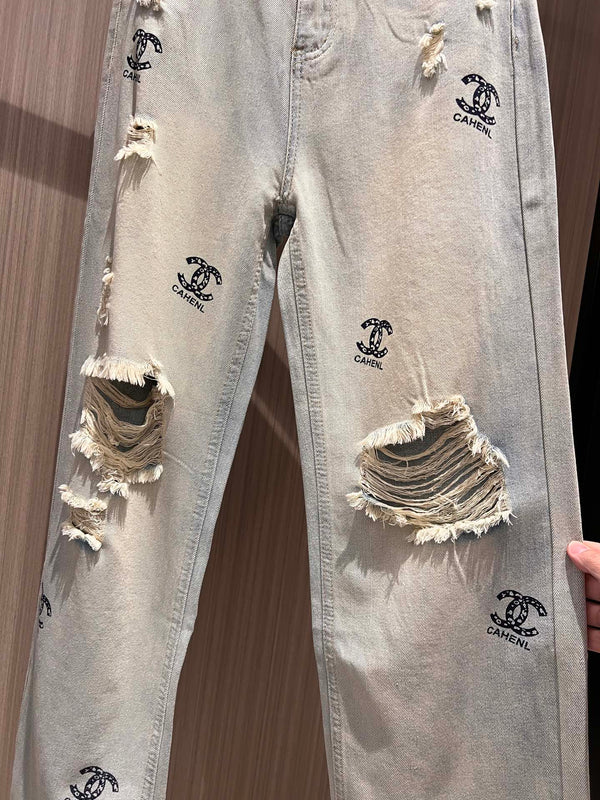 CC Double C Printed Ripped Jeans Retro Light Blue Cotton
