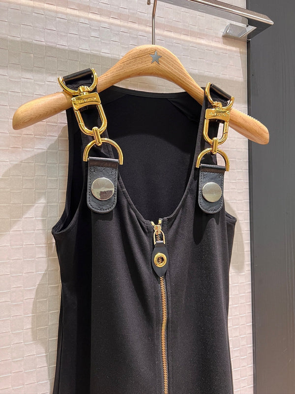 LV Double-Head Zipper Design Slits Dress Black Cotton