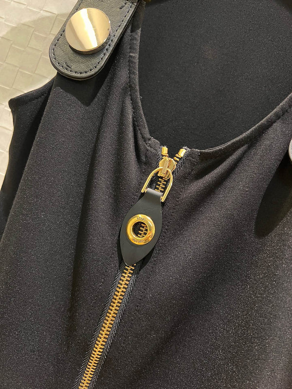 LV Double-Head Zipper Design Slits Dress Black Cotton