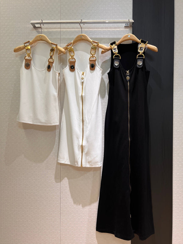 LV Double-Head Zipper Design Slits Dress White Cotton