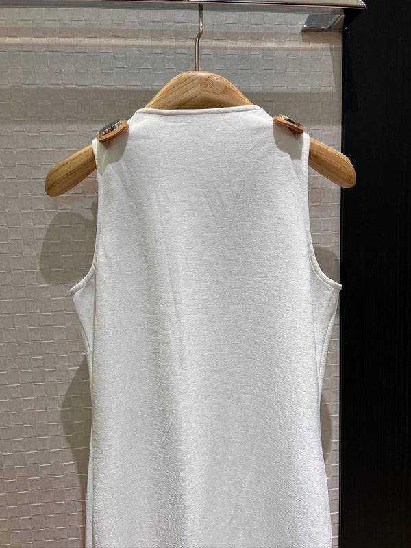LV Double-Head Zipper Design Slits Dress White Cotton