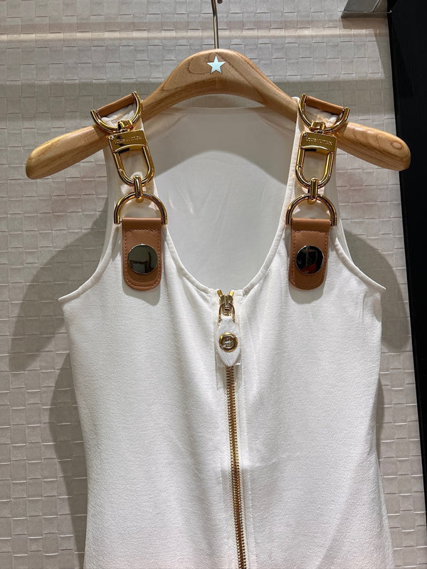 LV Double-Head Zipper Design Slits Dress White Cotton
