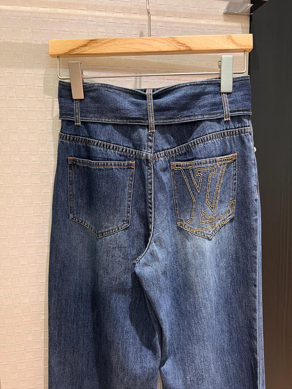 LV Large Belt Decorated Jeans Blue Cotton