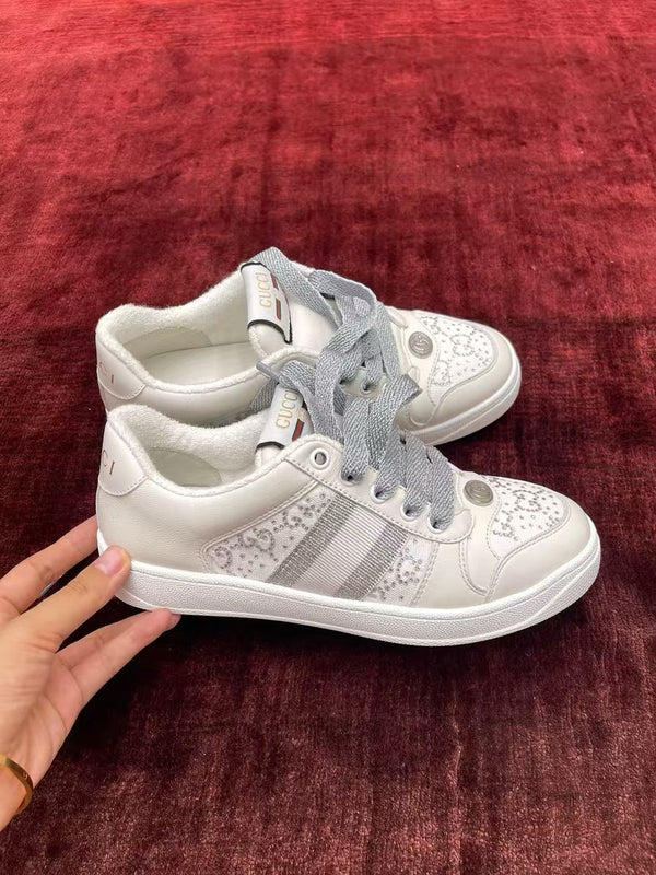 GG Screener Trainer Sneakers White Light Grey Cowhide Frabic 502168