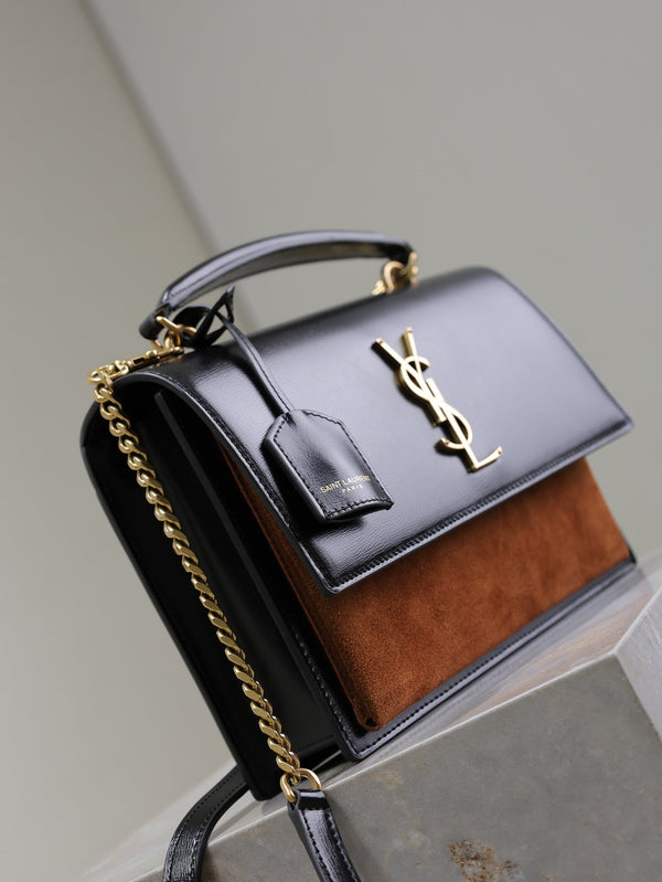 YSL Sunset Handbags 25cm Black Brown Cowhide Suede