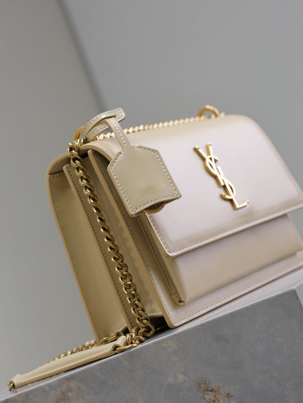 Borsa a tracolla YSL Sunset media 22 cm in pelle di vacchetta beige GHW