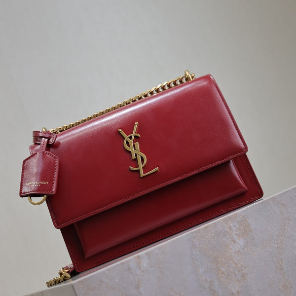 YSL Medium Sunset Shoulder Bag 22cm Burgundy Cowhide GHW