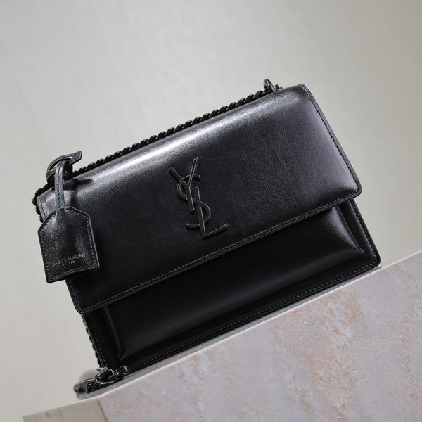 YSL Medium Sunset Shoulder Bag 22cm Black Cowhide Black HW