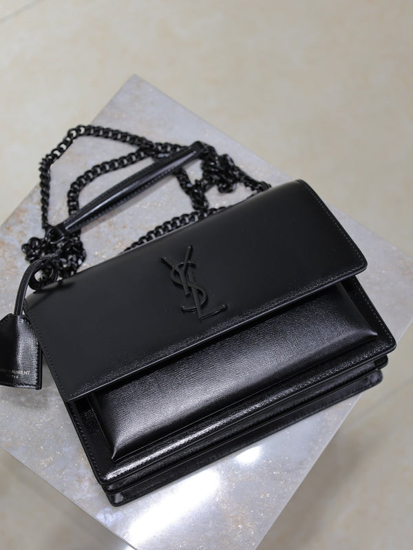 YSL Medium Sunset Shoulder Bag 22cm Black Cowhide Black HW
