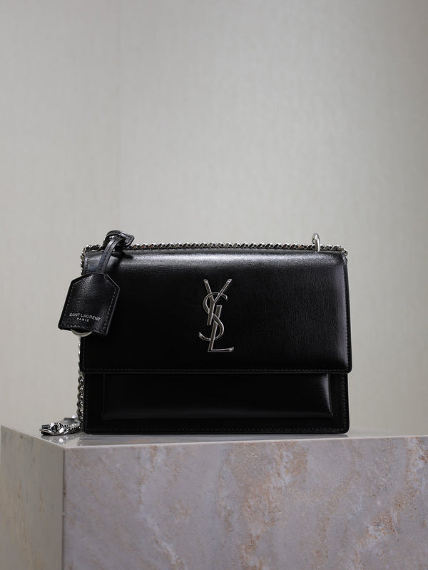 YSL Medium Sunset Shoulder Bag 22cm Black Cowhide Sliver HW