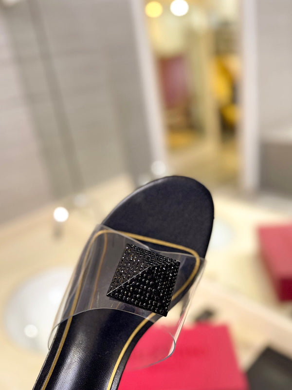 HIGH MULE 60MM IN BLACK SHEEPSKIN AND TRANSPARENT PVC