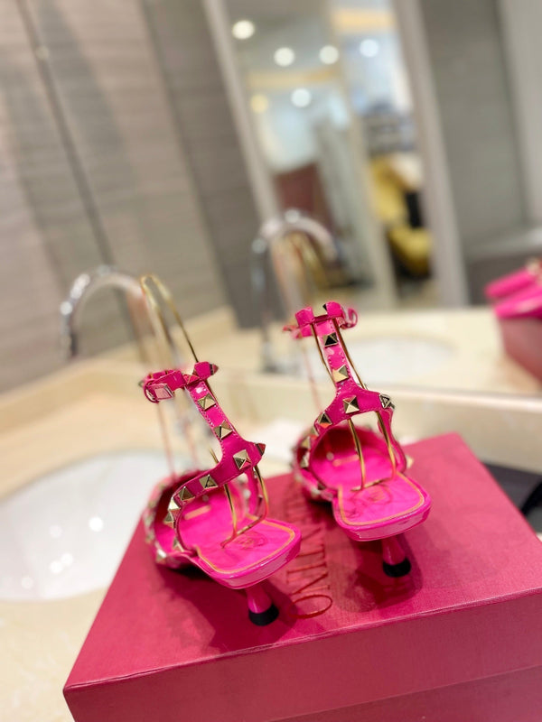 SANDALI ROCKSTUD IN PELLE DI VITELLO ROSA BRILLANTE 50 MM