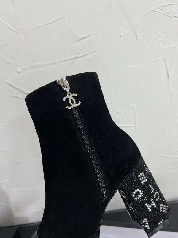 CC Short Boots 95mm In Black With Letters Printed Suede And Lambskin 949659