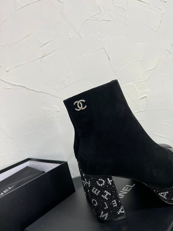CC Short Boots 95mm In Black With Letters Printed Suede And Lambskin 949659