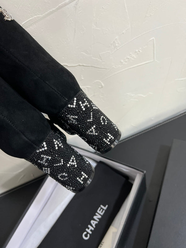 CC Short Boots 95mm In Black With Letters Printed Suede And Lambskin 949659