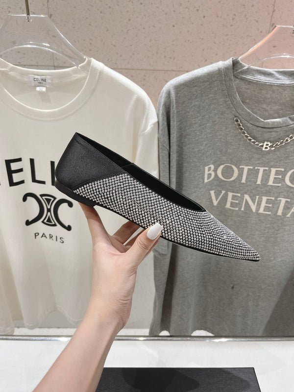 SL NOUR LEOPARD POINT TOE BALLET BLACK CRYSTAL SATIN