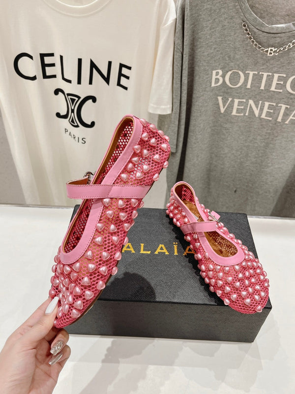 ALAIA PEARL MARY JANE SHOES IN DARK PINK MESH AND CALFSKIN