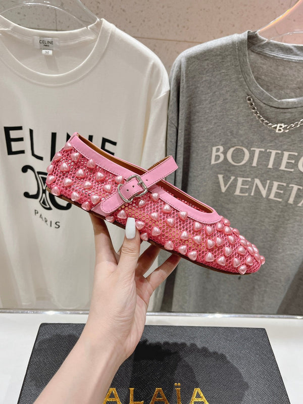 ALAIA PEARL MARY JANE SHOES IN DARK PINK MESH AND CALFSKIN