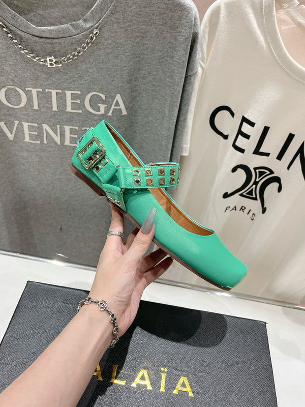 Alaila Biker Ballet Flats In Seafoam Green Cowhide 911446
