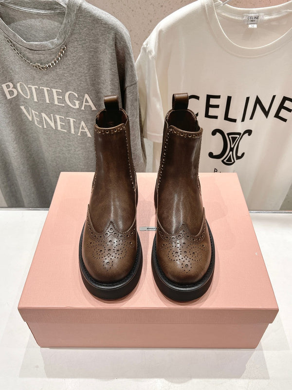 Miu Ankle Boots Coffee Brown Polished Calfskin