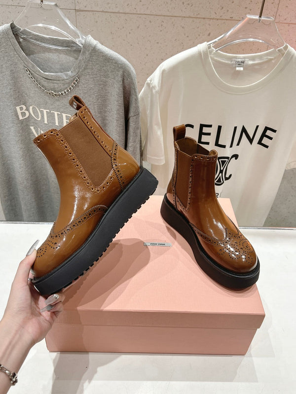 Miu Ankle Boots Caramel Brown Polished Calfskin