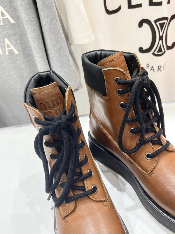 Miu Lace-Up Boots Vintage Brown Waxed Calfskin