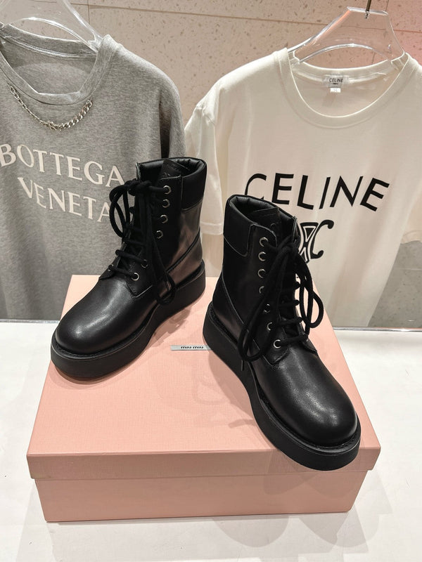 Miu Lace-Up Boots Black Waxed Calfskin