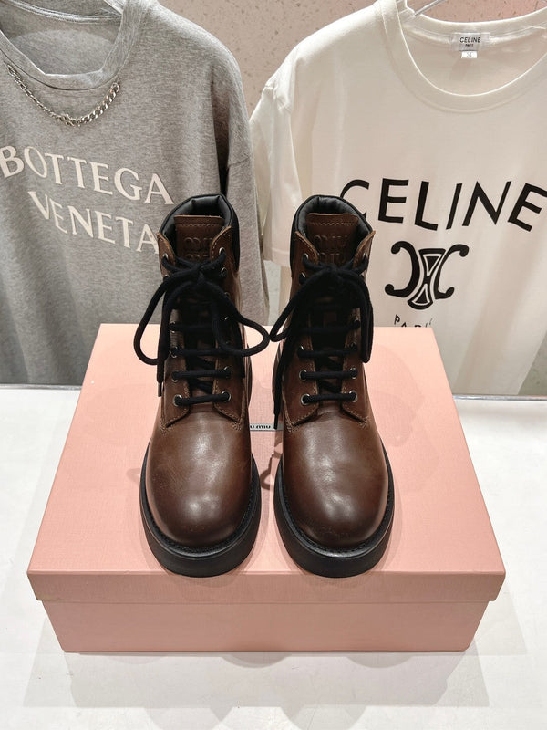 Miu Lace-Up Boots Syrup Brown Waxed Calfskin