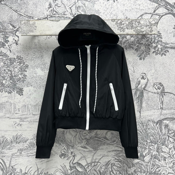 Prada 25 Hooded Triangle Logo Jacket Black Polyester