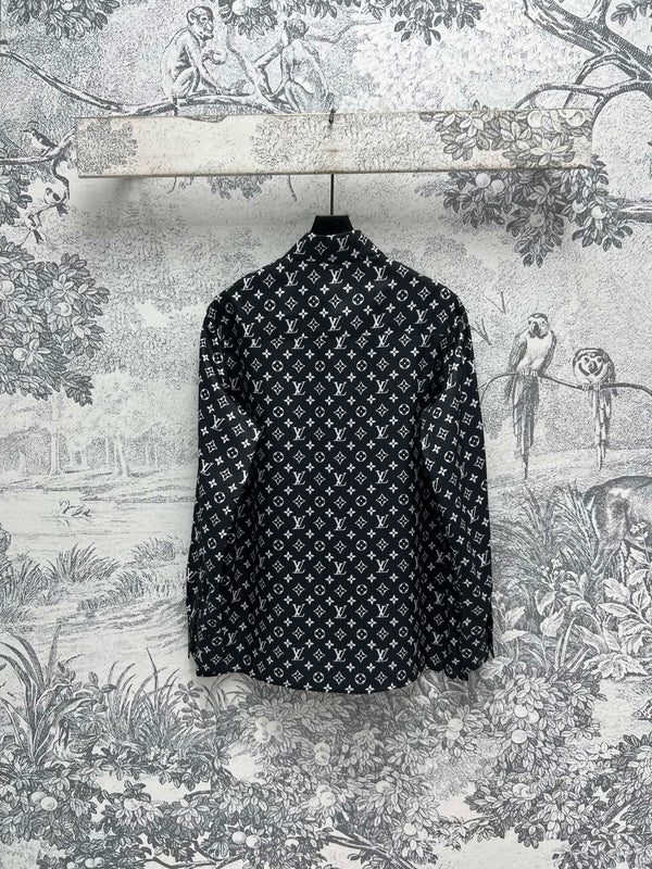 LV 25 Flower Barrage Print Lapel Shirt Black Polyester