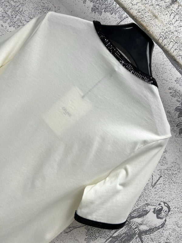 Celine 25 Embroidered Logo T-shirt White mix Black Cotton Polyester