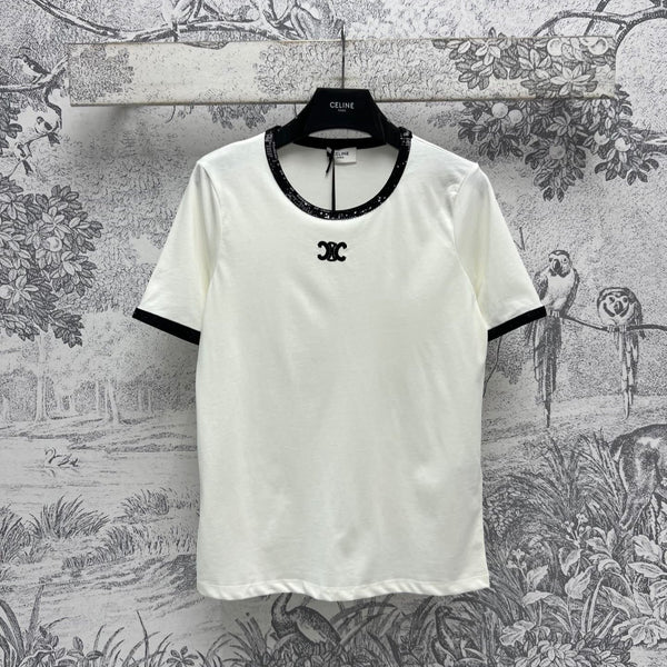 Celine 25 Embroidered Logo T-shirt White mix Black Cotton Polyester