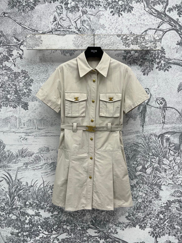 Celine 25 Short-sleeved Shirt Dress Beige Cotton
