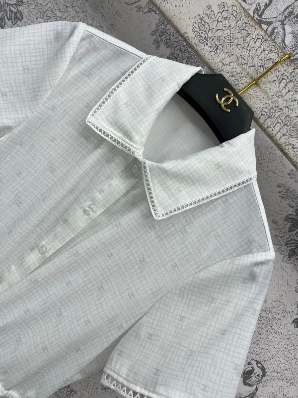 CC 25 Logo Plaid Short-sleeved Dress White Polyester Fiber