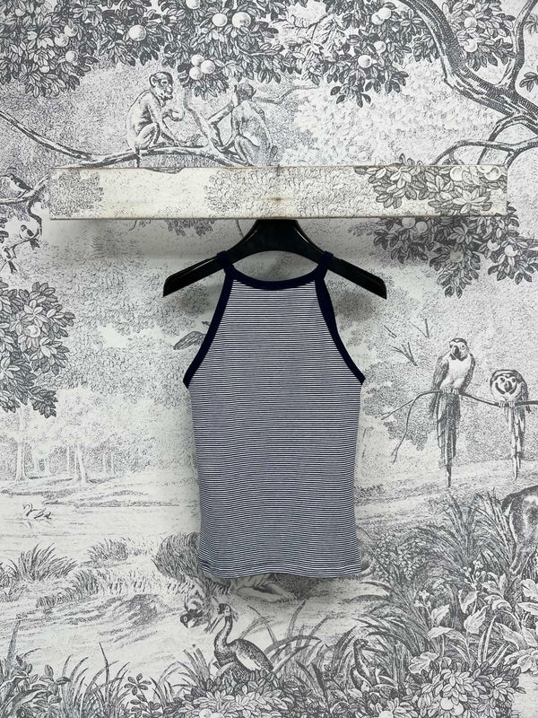 Celine 25 Embroidered Logo Striped Small Vest Navy Blue mix White Cotton