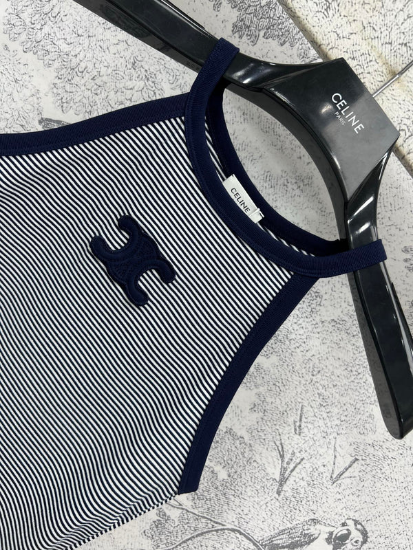 Celine 25 Embroidered Logo Striped Small Vest Navy Blue mix White Cotton