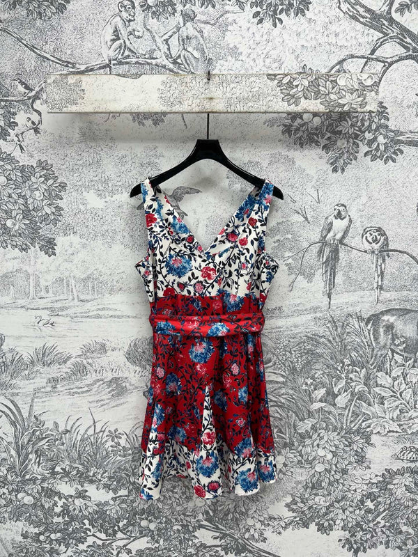 LV 25 Retro Floral Pattern Suspender Flower Dress Red Poliester