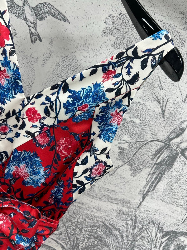 LV 25 Retro Floral Pattern Suspender Flower Dress Red Poliester