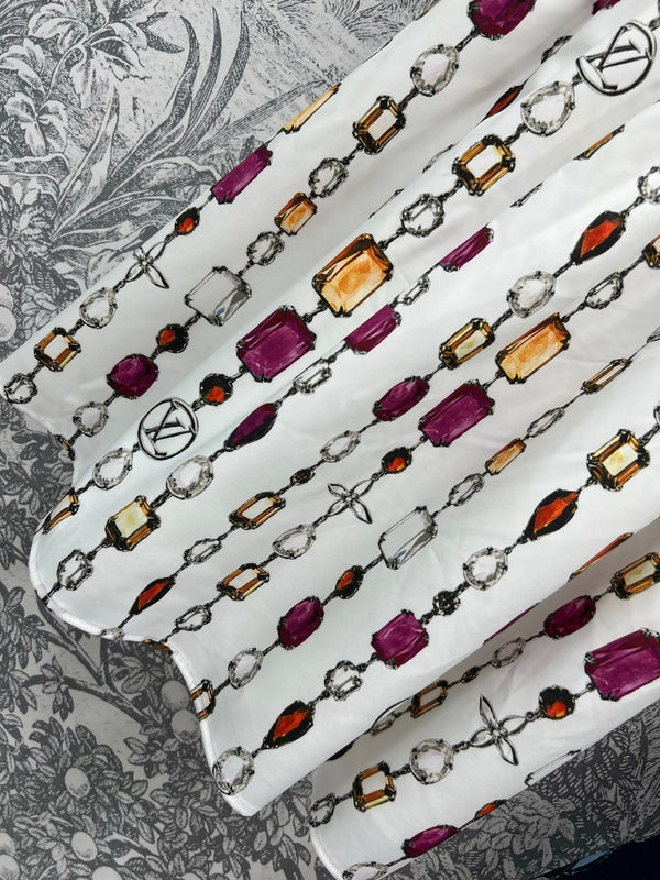 LV 25 Printed Round Neck Lining Pleated Dress White BLue Poliester