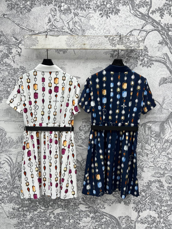 LV 25 Printed Round Neck Lining Pleated Dress White BLue Poliester