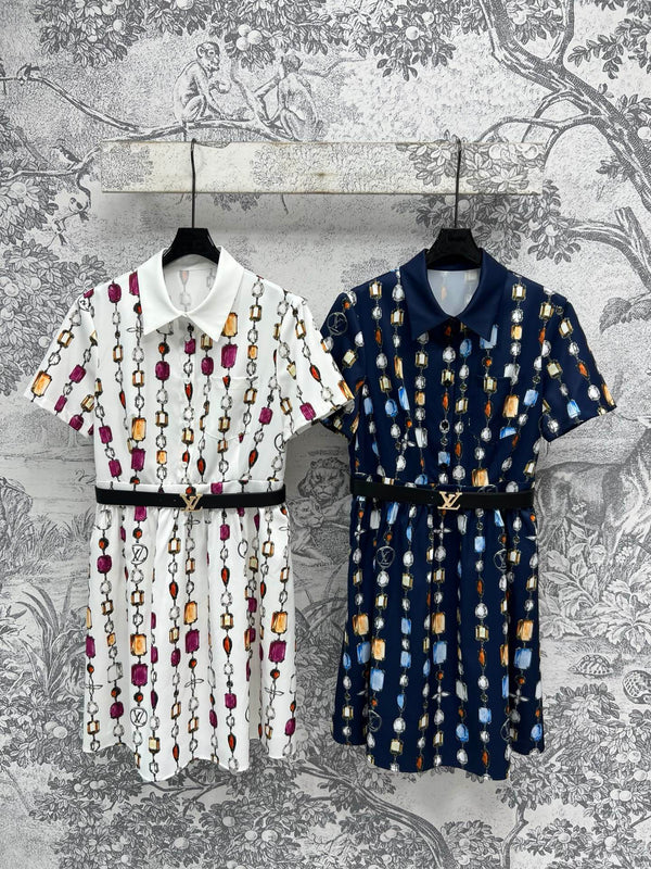 LV 25 Printed Round Neck Lining Pleated Dress White BLue Poliester