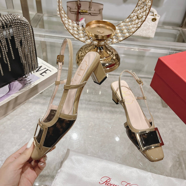 Belle Viv - Décolleté con cinturino posteriore e fibbia in metallo, 45, in pelle verniciata color cammello