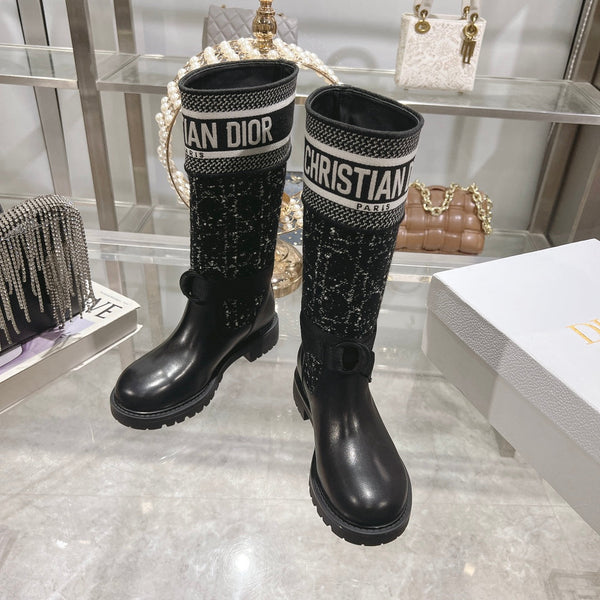 CD D-Major Boot Black Mix White Calfskin And Tweed Fabric