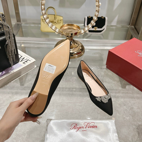 Viv 25 Crystal Diamond Buckle Flats Black Silk Satin 235396