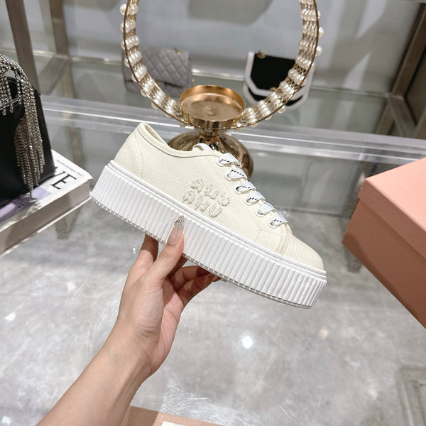 Miu Sneaker with Logo Ivory Demin Fabric 235310