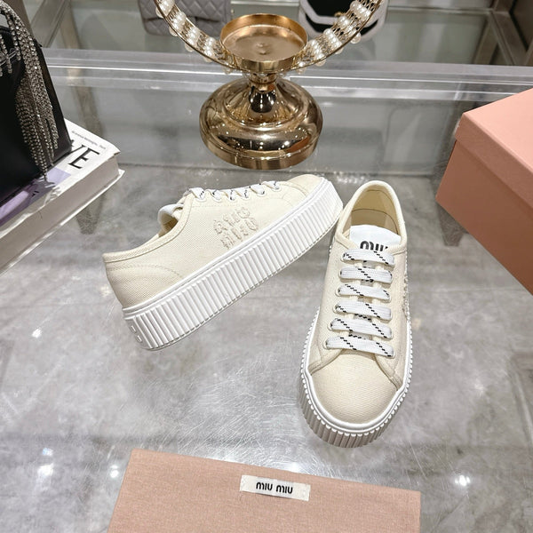 Miu Sneaker with Logo Ivory Demin Fabric 235310