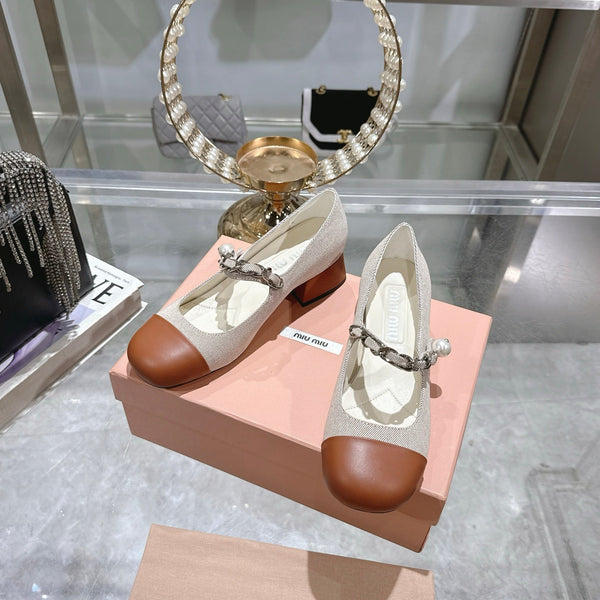 Miu 25C Mary Jane 45MM Beige Cream Mix Brown Fabric 235365