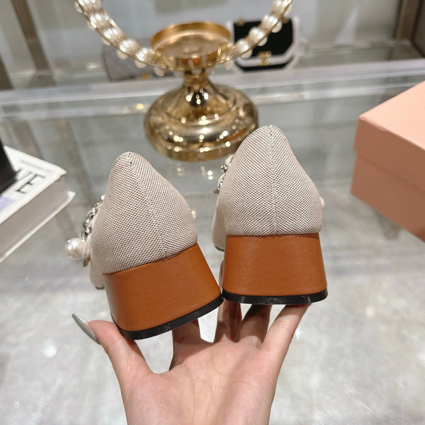 Miu 25C Mary Jane 45MM Beige Cream Mix Brown Fabric 235365